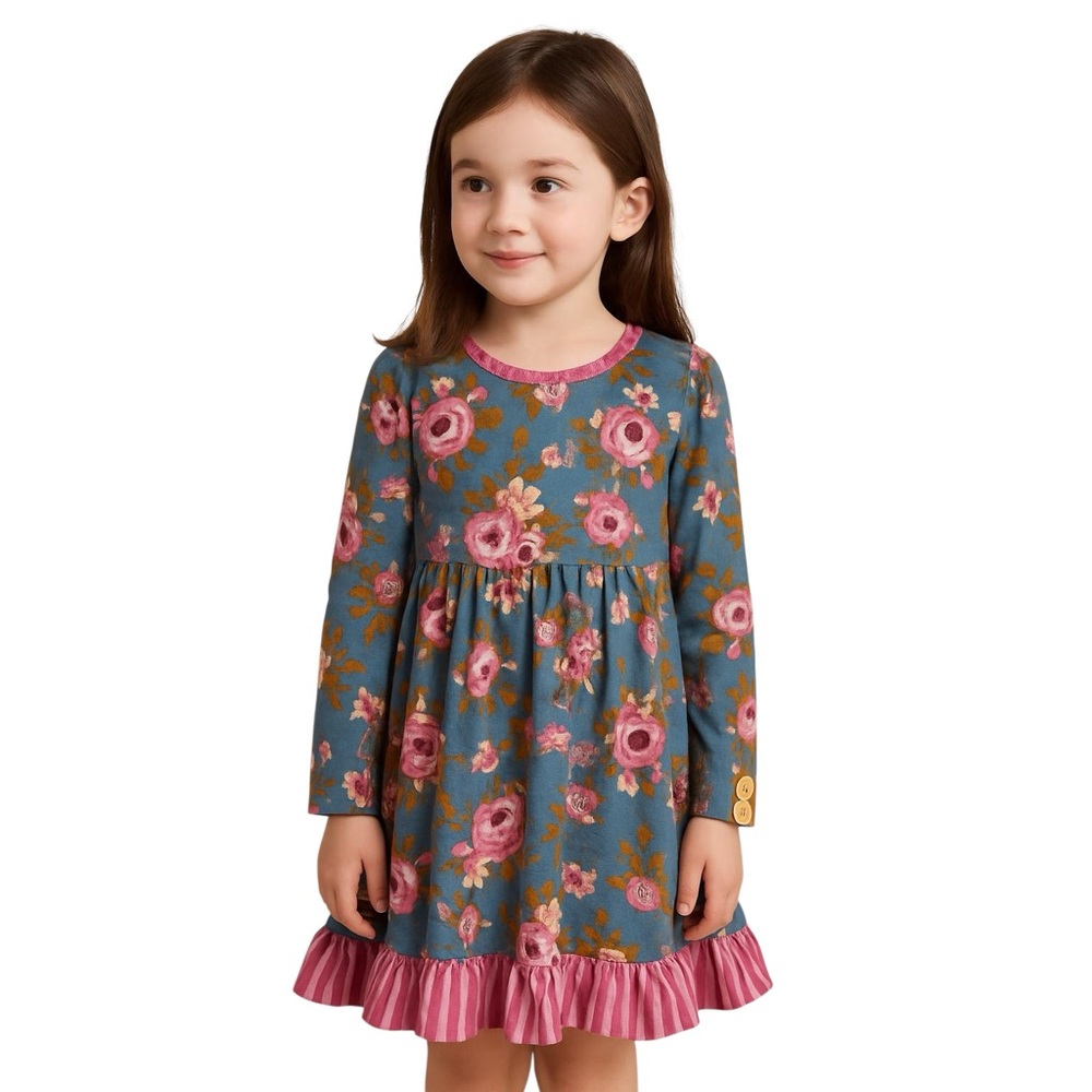 Matilda Jane Girls 8 Floral Ruffle Long Sleeve Cotton Dress Blue Pink Flowers